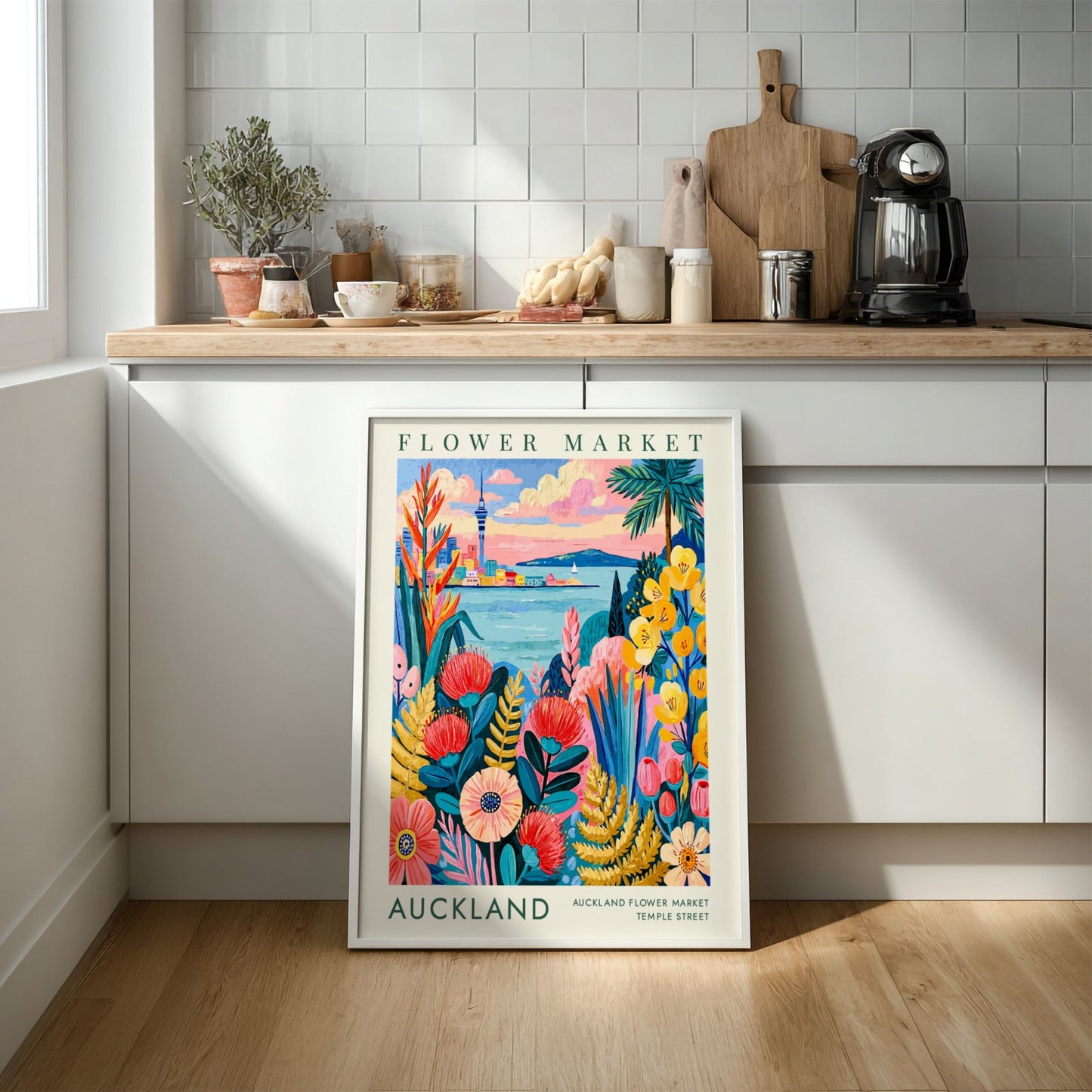 Flower market poster showcasing vibrant florals and Auckland skyline in colorful art style