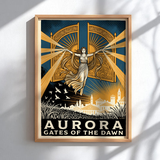 Poster featuring a mythological goddess opening golden gates over a town at dawn