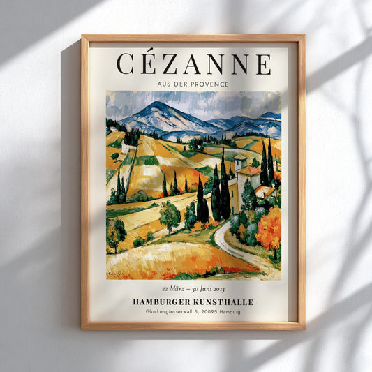 Cézanne Exhibition Poster featuring vibrant Provence landscape with rolling hills and rich colors