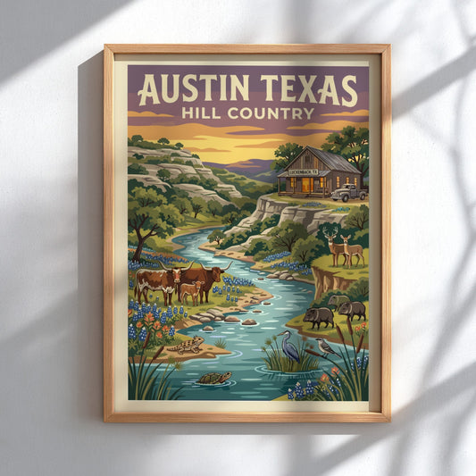Travel poster of Austin Texas Hill Country with longhorn cattle and native wildlife.