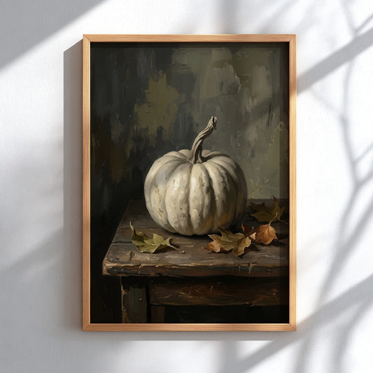 Poster featuring a white pumpkin on a wooden table with dried autumn leaves nearby