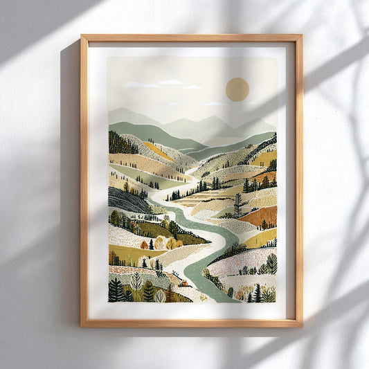 Autumn valley landscape print with winding river, rolling hills, and warm earth tones.