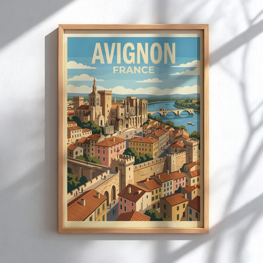 Poster of Avignon France showing the Palais des Papes and bridge over river