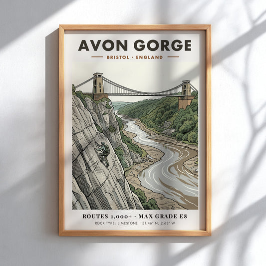 Poster of Avon Gorge in Bristol featuring a climber on limestone cliffs below bridge.