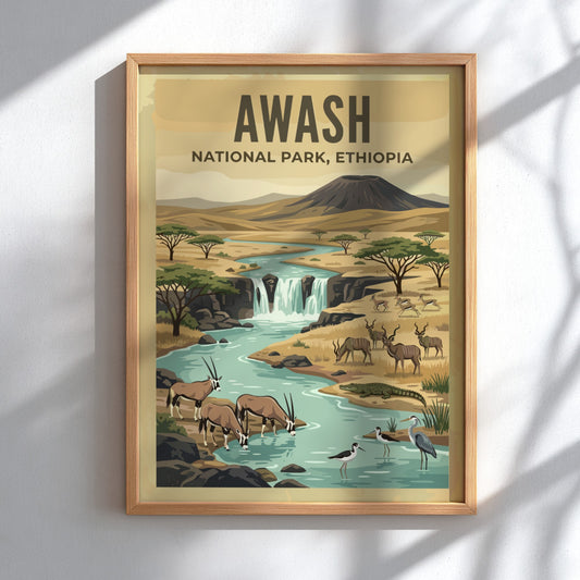 Awash National Park poster featuring a river, wildlife, and warm colors in a nature art style