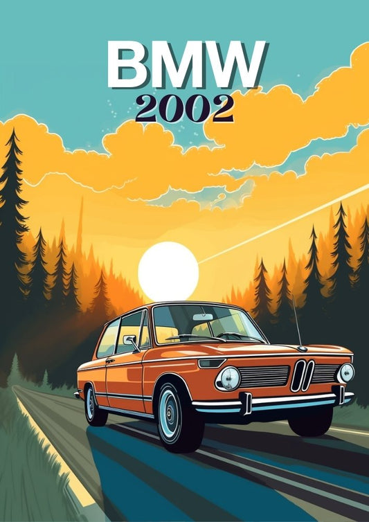 Affiche BMW 2002 – Impression d'art mural représentant une voiture de sport allemande classique