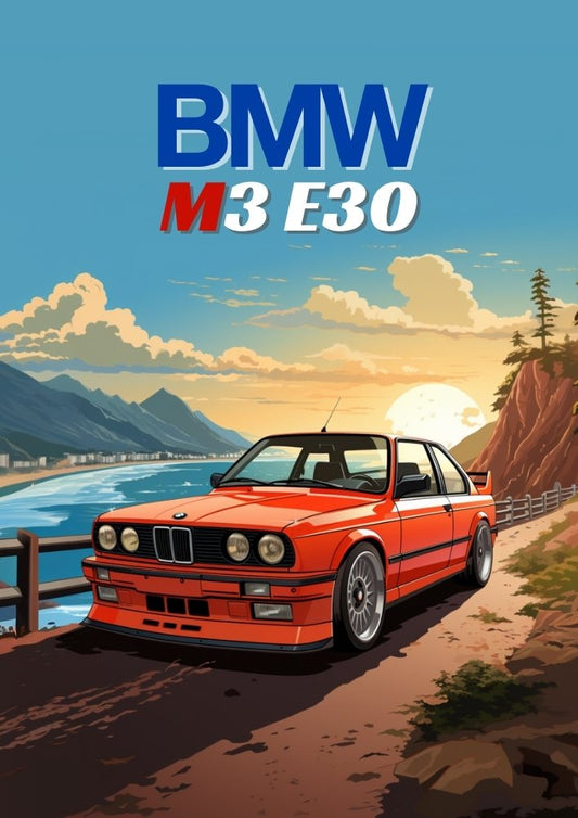 Affiche BMW M3 E30 – Décoration murale de voiture de sport allemande classique des années 1980