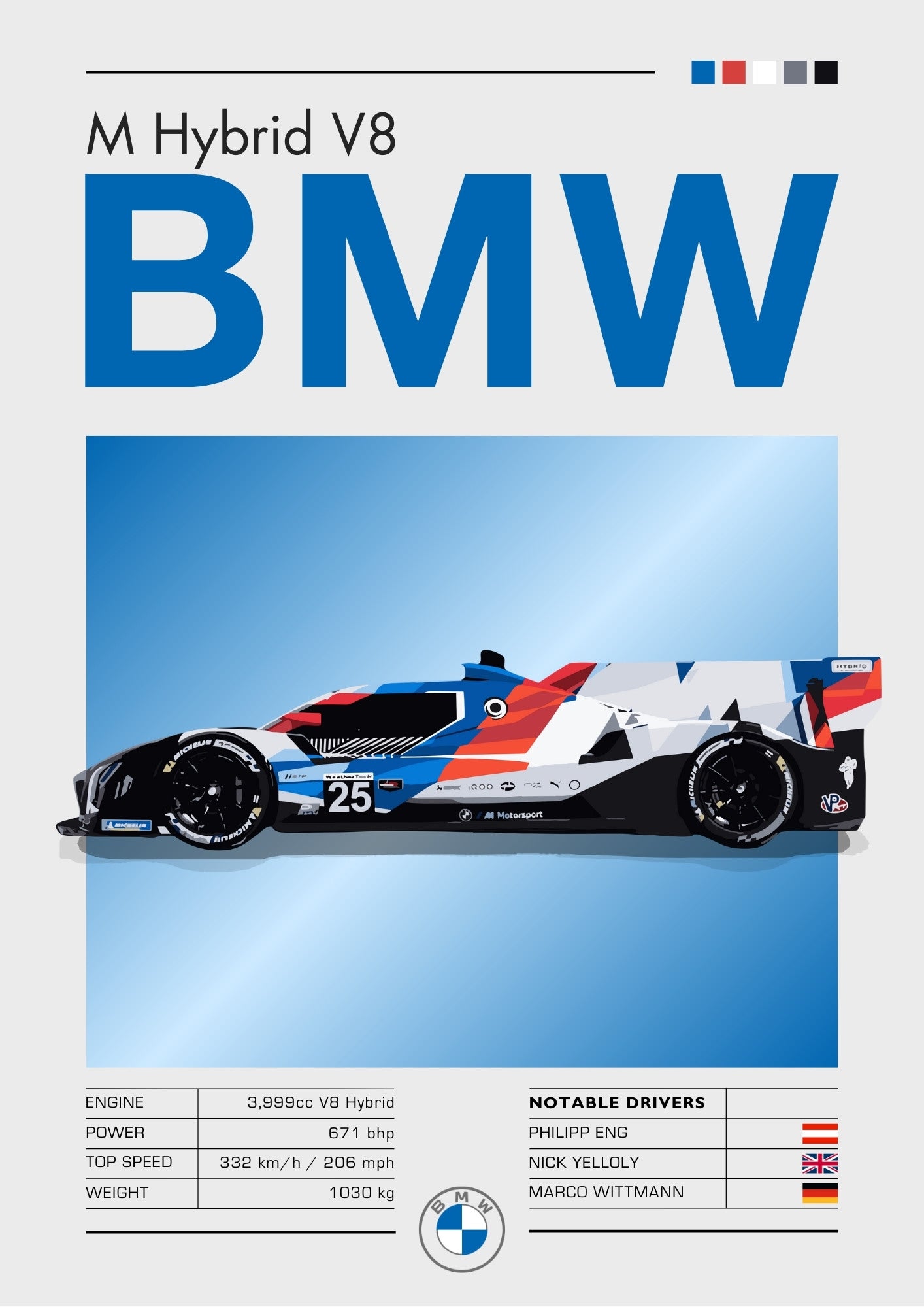 Affiche BMW M Hybrid V8 – Prototype du Mans moderne, décoration murale