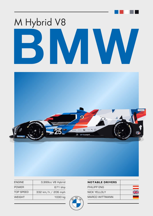 Affiche BMW M Hybrid V8 – Prototype du Mans moderne, décoration murale