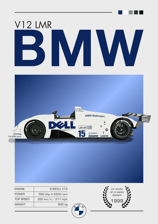 Affiche BMW V12 LMR – Décoration murale représentant une voiture de course victorieuse au Mans