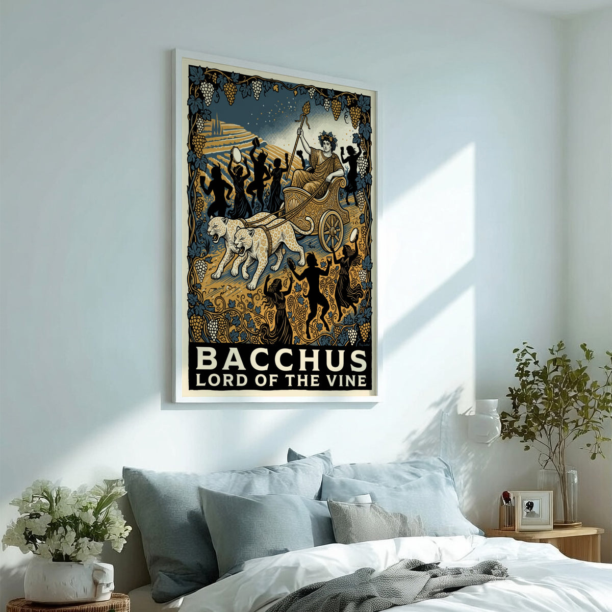 Poster featuring Bacchus in a leopard-drawn chariot with golden vines and blue skies.