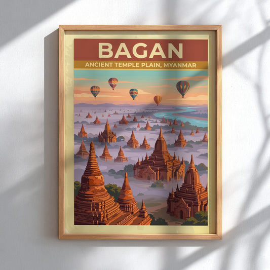 Travel poster of Bagan Ancient Temple Plain in Myanmar with balloons over pagodas.
