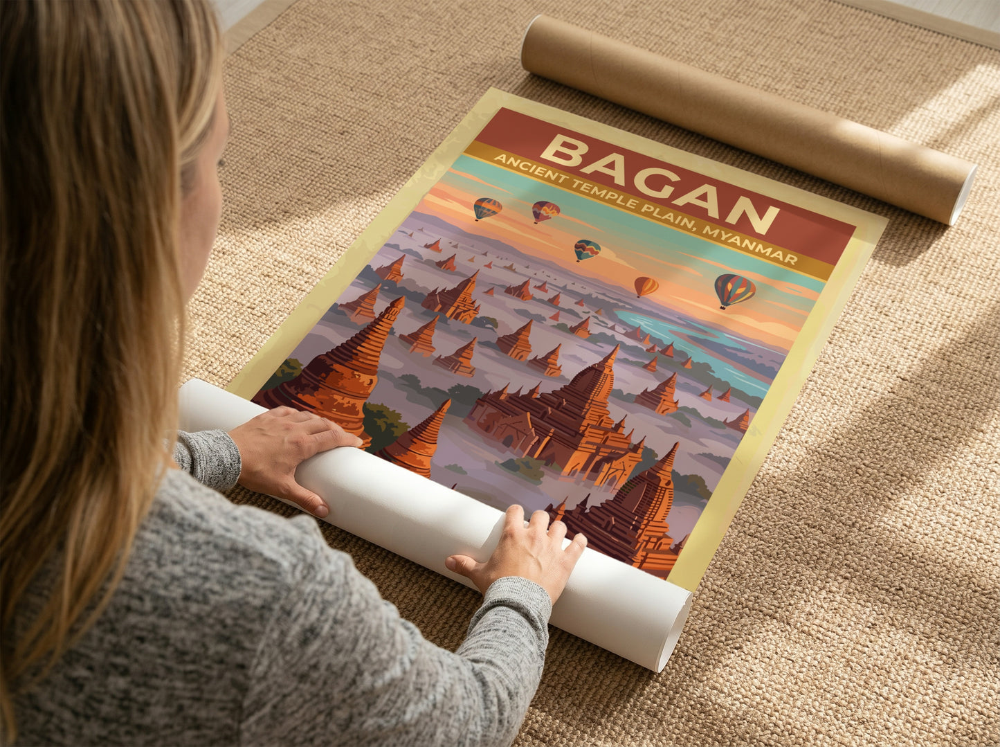 Travel poster of Bagan Ancient Temple Plain in Myanmar with balloons over pagodas.