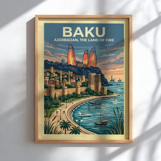 Travel poster of Baku Azerbaijan featuring the Flame Towers and historic city walls