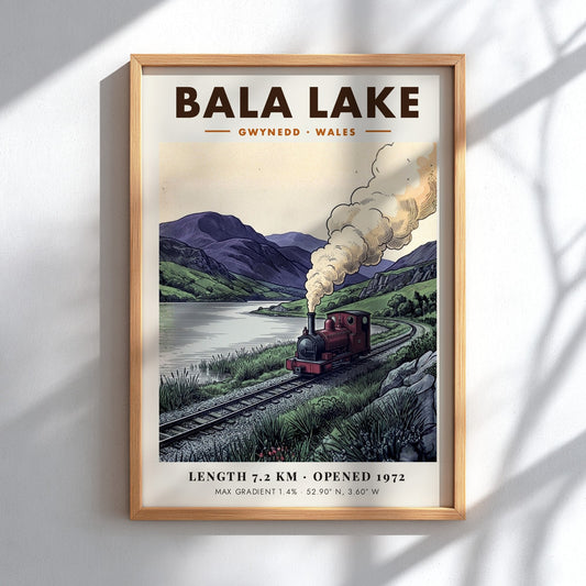 Poster of a steam train at Bala Lake in the mountains of Wales