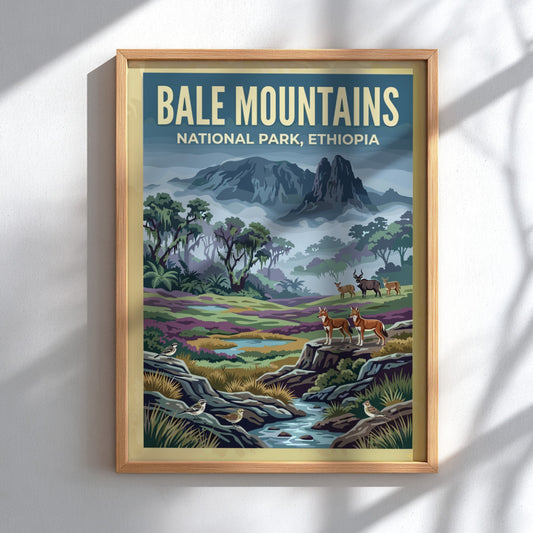 Bale Mountains poster featuring wildlife and lush landscapes in vibrant colors.