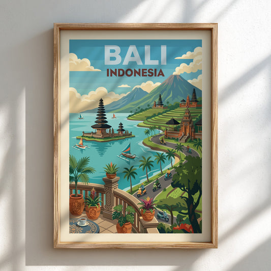 Bali Indonesia travel poster featuring a temple on a lake, rice terraces, and mountains in a vibrant