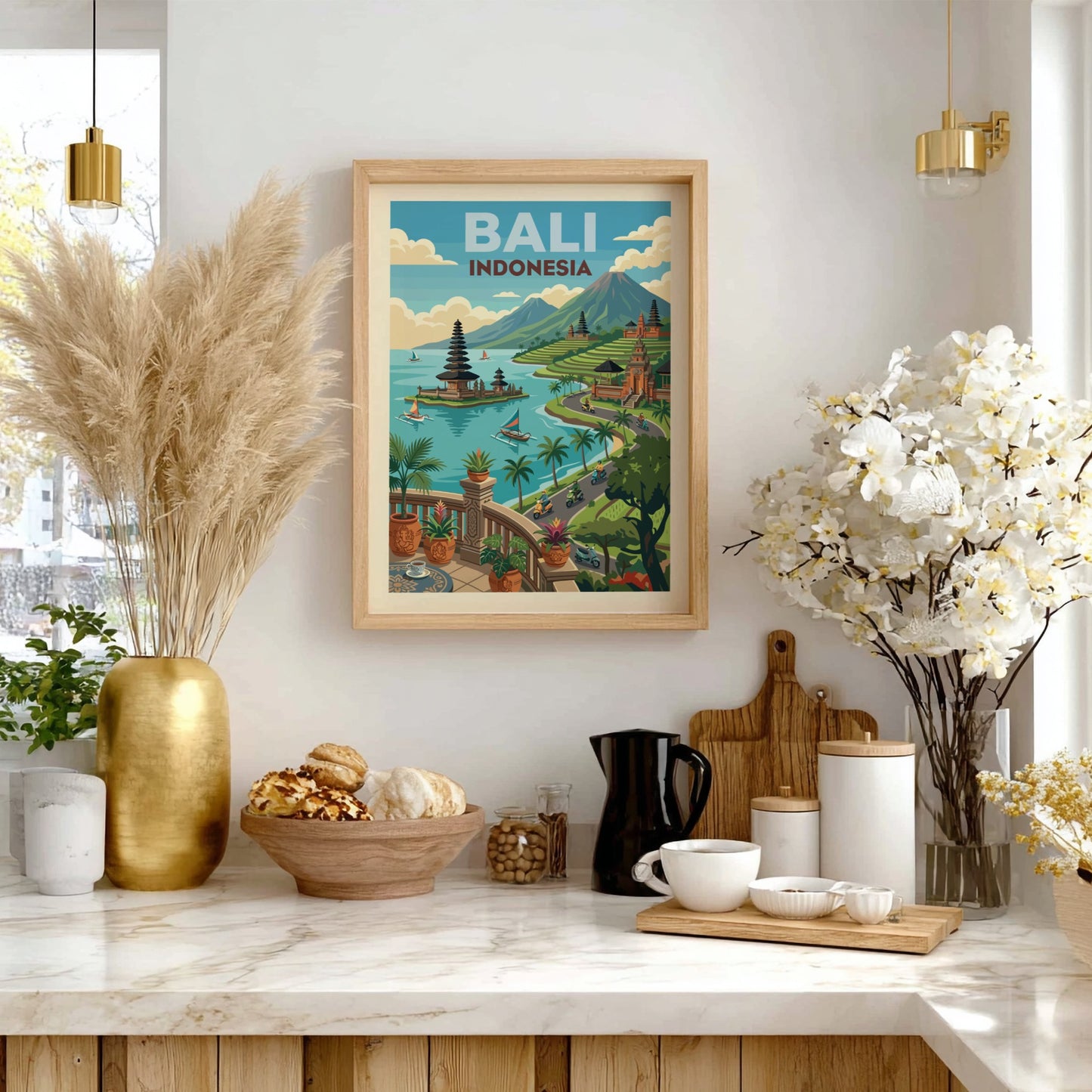 Bali Indonesia travel poster featuring a temple on a lake, rice terraces, and mountains in a vibrant
