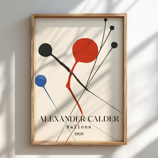 Poster of Alexander Calder's 'Balloons' artwork, featuring abstract red, black, and blue shapes.
