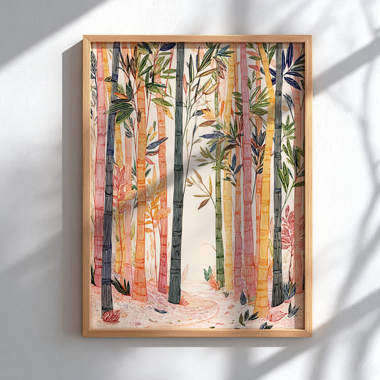 Bamboo Forest poster featuring colorful stylized bamboo stalks and foliage in a serene natural setting.
