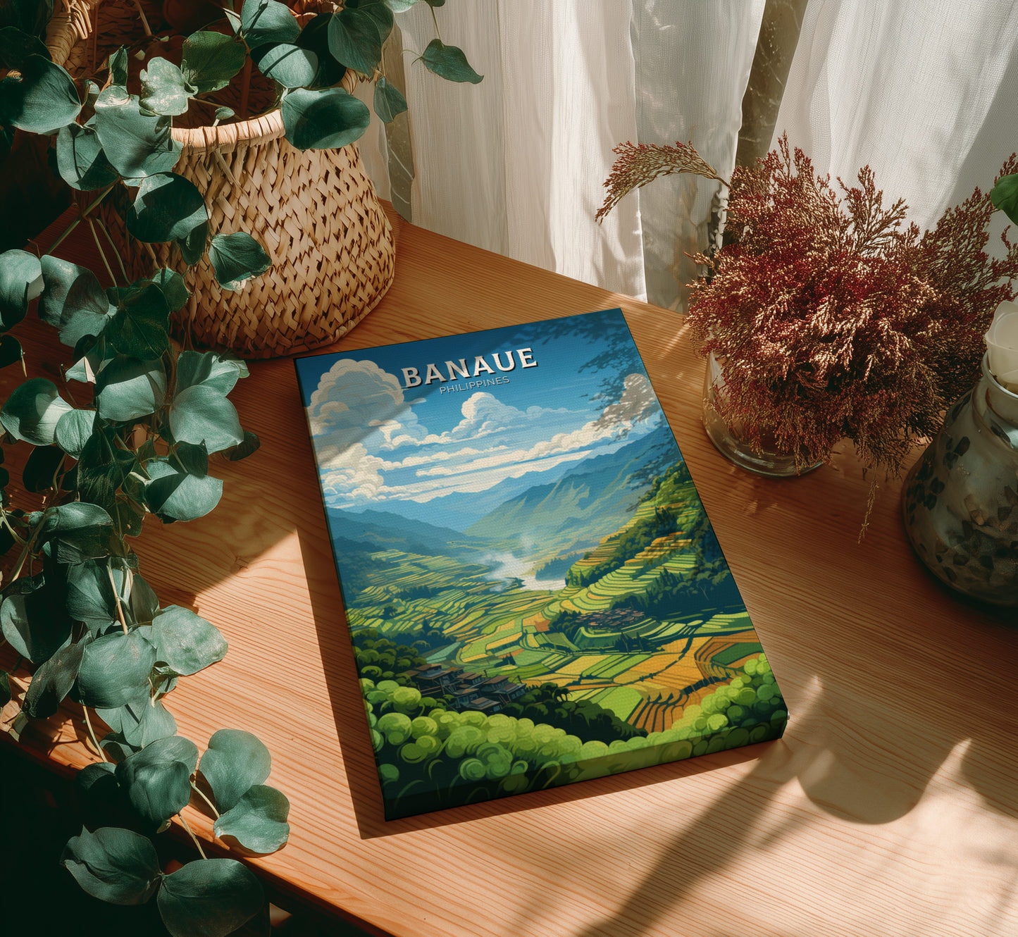 Book titled 'Banaue' on a wooden table with plants around