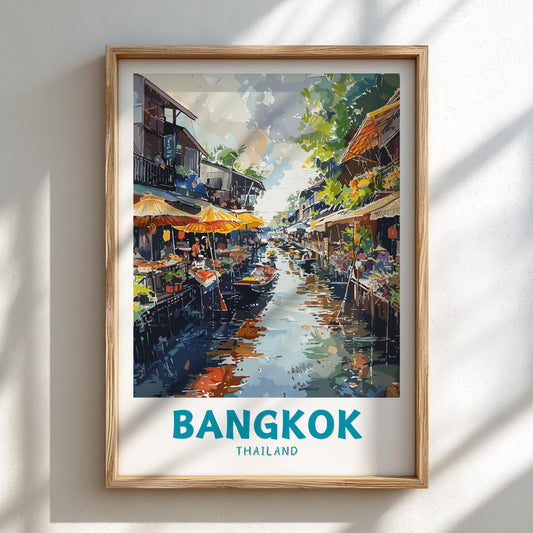 Framed artwork of a Bangkok street scene with water and boats, labeled 'Bangkok Thailand'.