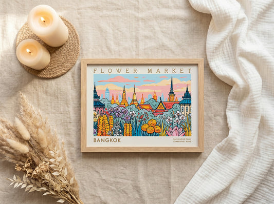 Vibrant Bangkok flower market poster showcasing colorful flowers and traditional architecture