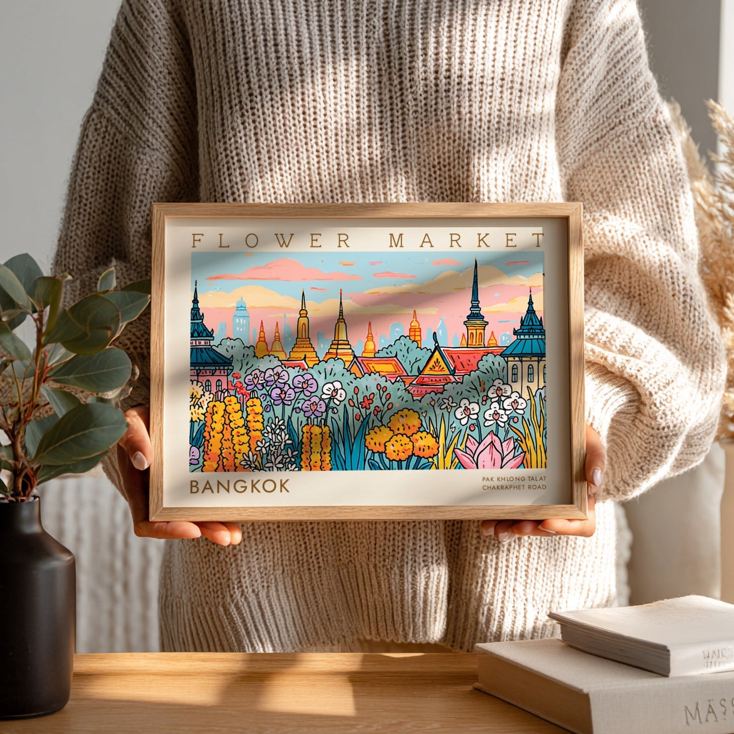 Vibrant Bangkok flower market poster showcasing colorful flowers and traditional architecture