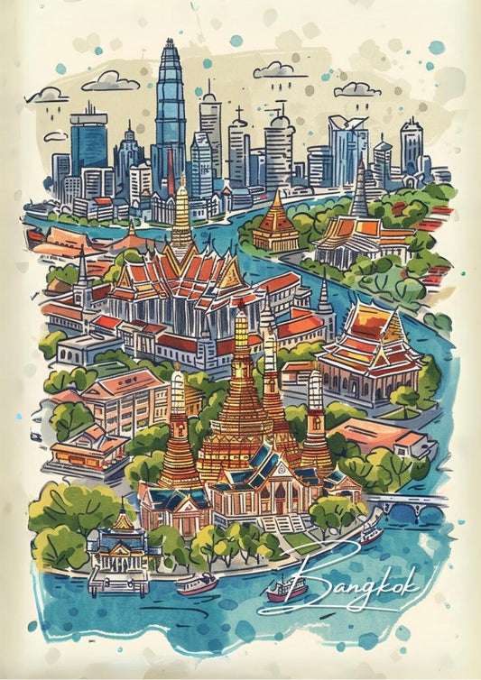 Affiche de la carte des attractions de Bangkok - Illustration cartographique