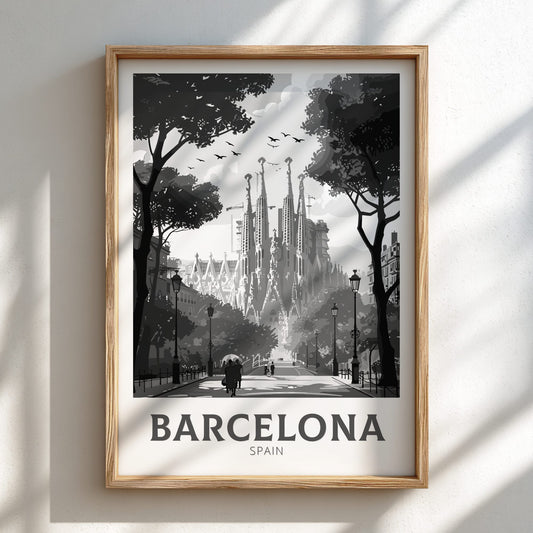 Barcelona black and white travel poster on a natural oak frame