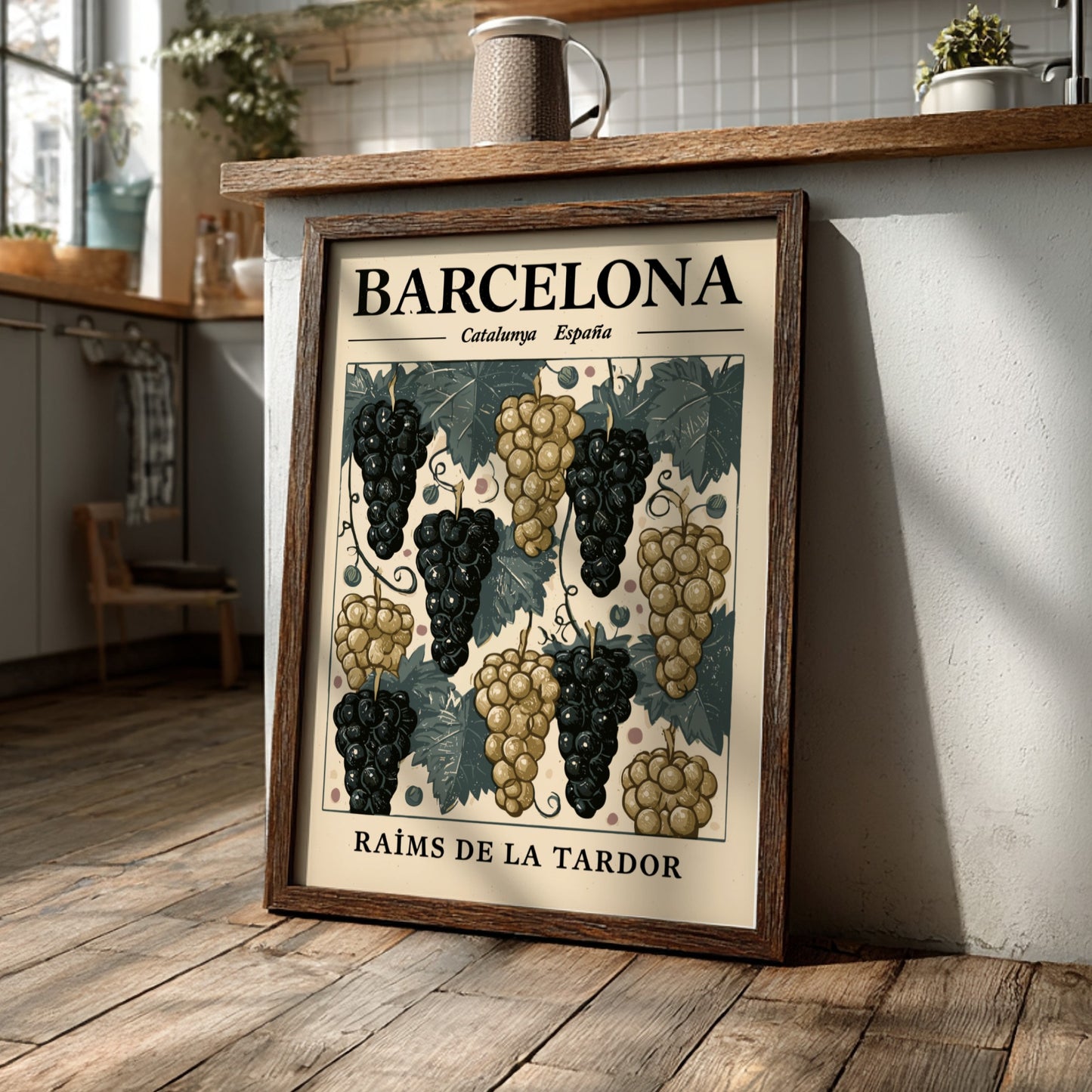 Grape kitchen poster featuring purple and gold grapes in vintage style for wall decor