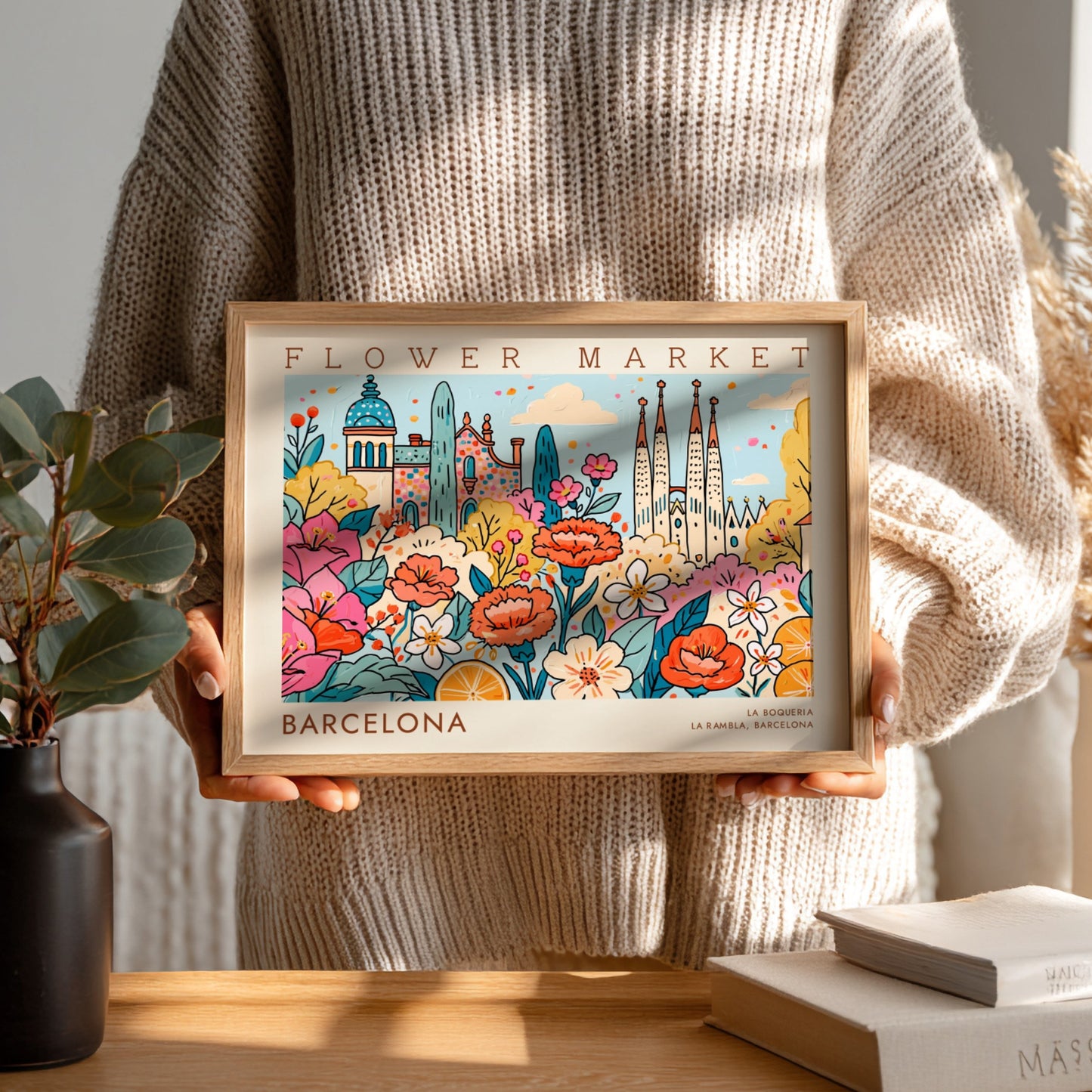 Flower market poster featuring vibrant blooms and Barcelona architecture in a colorful style