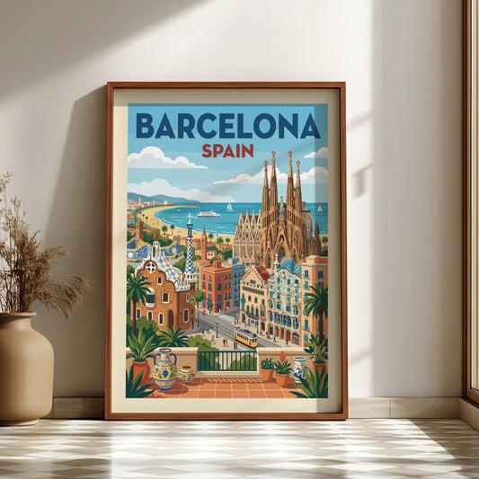 Vintage Barcelona travel poster featuring Sagrada Familia and city skyline in a warm, retro style.