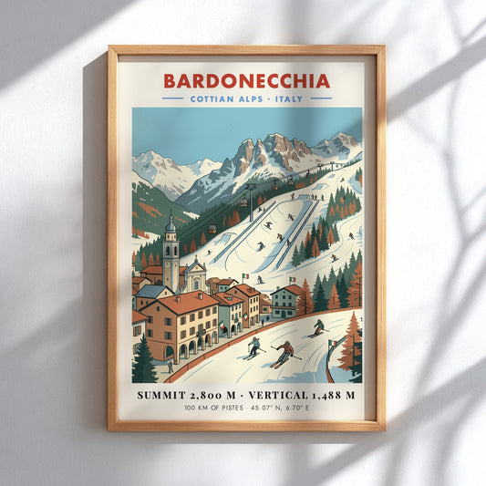 Vintage travel poster of Bardonecchia in the Cottian Alps with snowy mountain slopes.