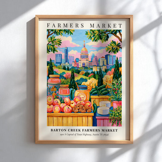 Barton Creek Farmers Market poster featuring colorful produce and Austin skyline in a vibrant art style