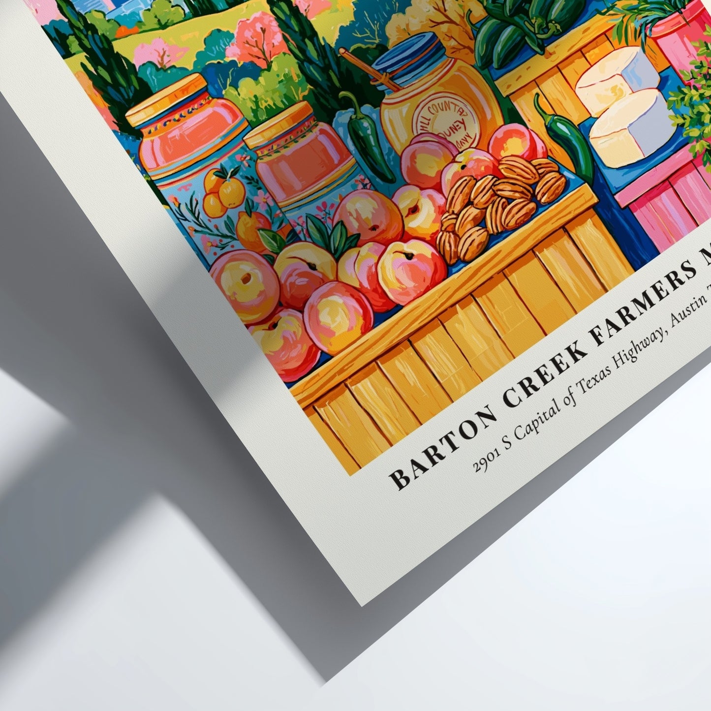 Barton Creek Farmers Market poster featuring colorful produce and Austin skyline in a vibrant art style