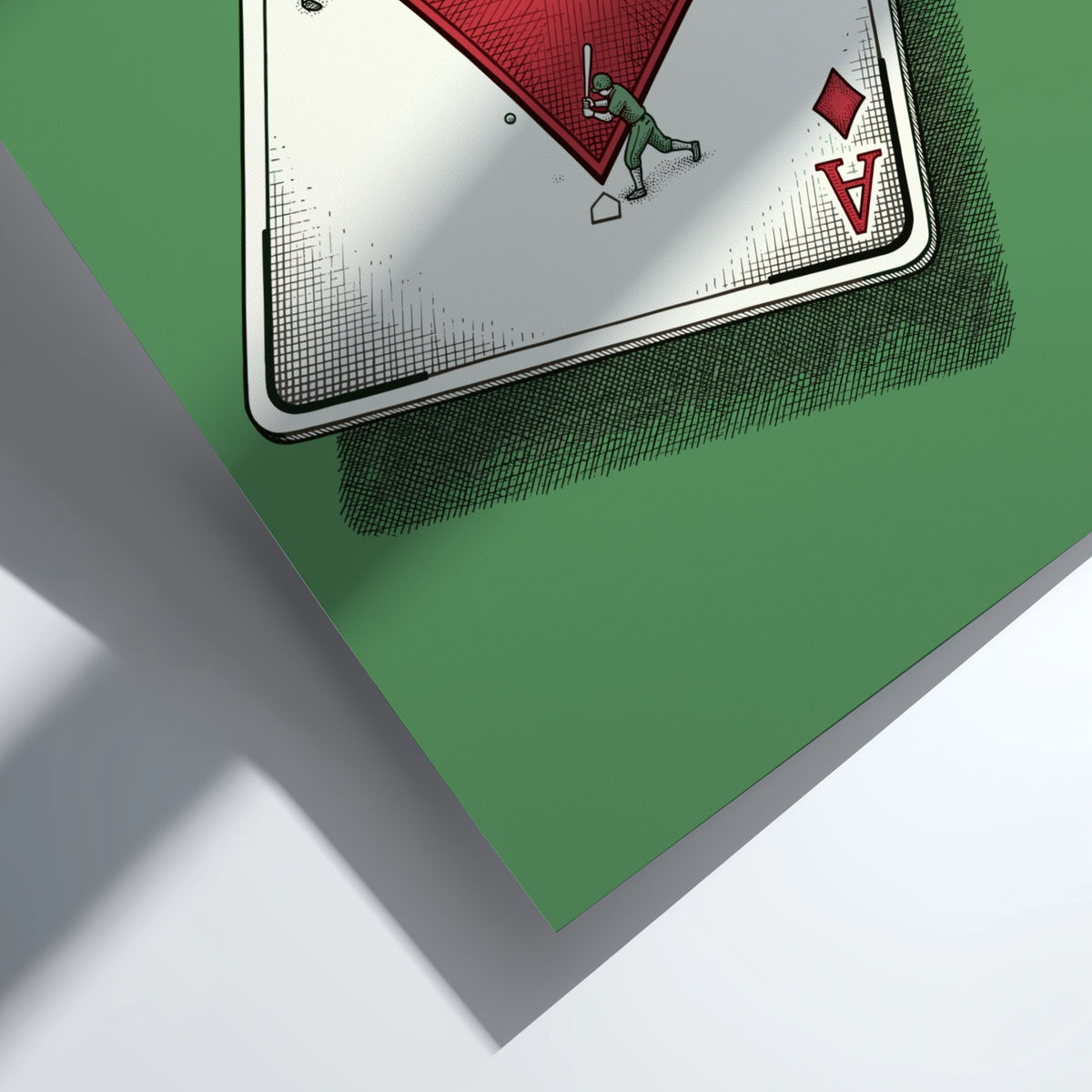 Poster showing baseball players on an ace of diamonds playing card, green background.