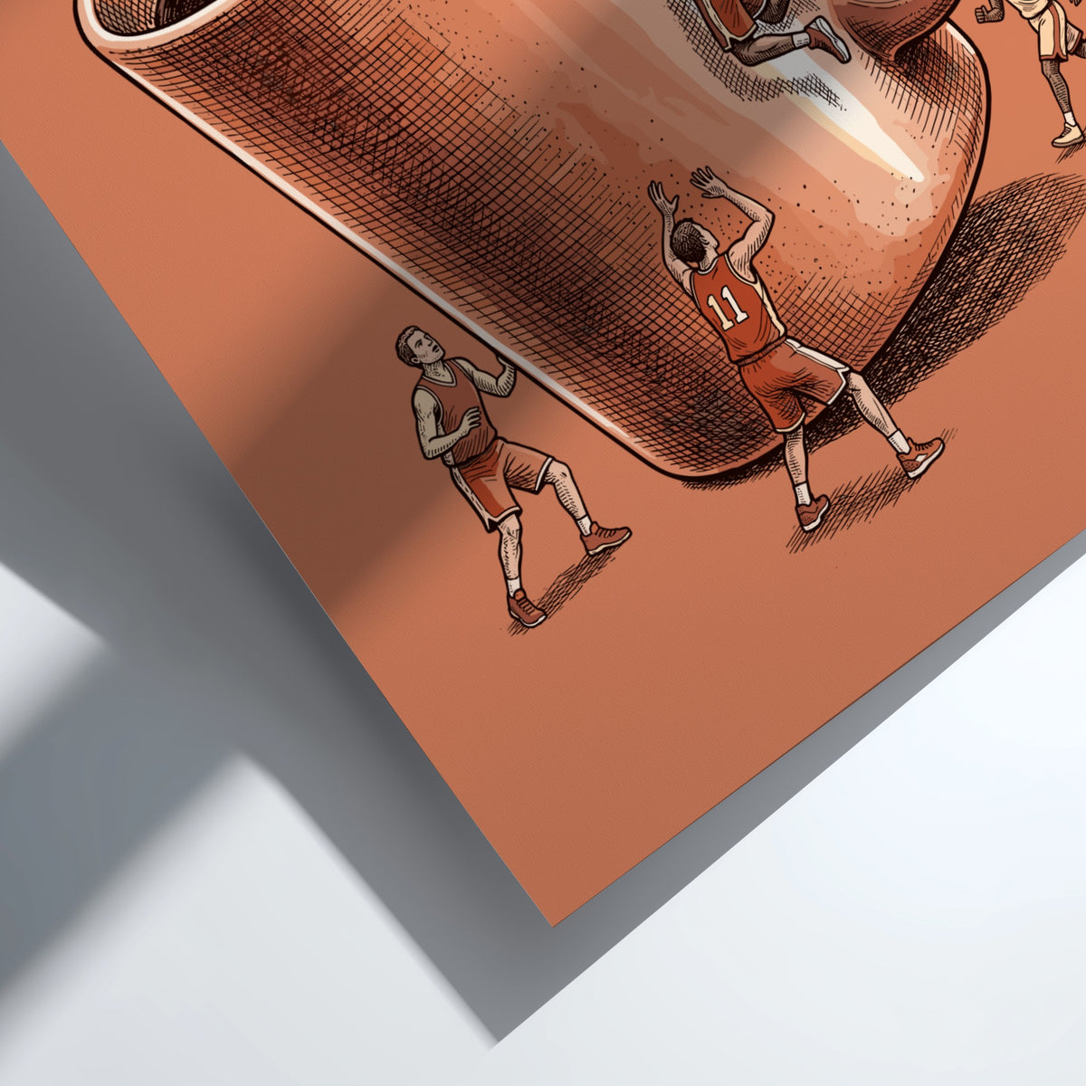 Poster showing basketball players using a giant steaming coffee mug handle as a hoop