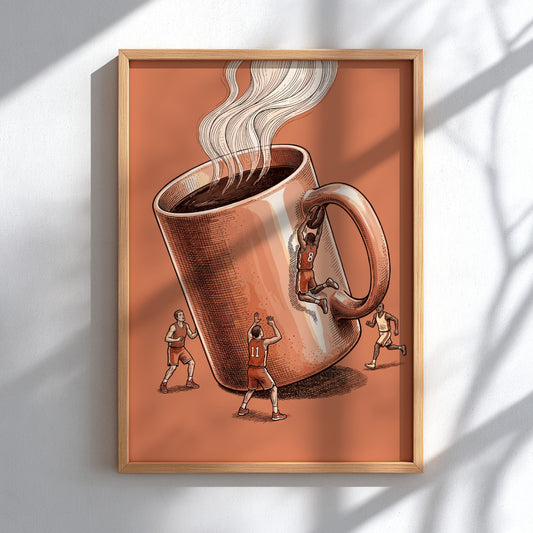 Poster showing basketball players using a giant steaming coffee mug handle as a hoop