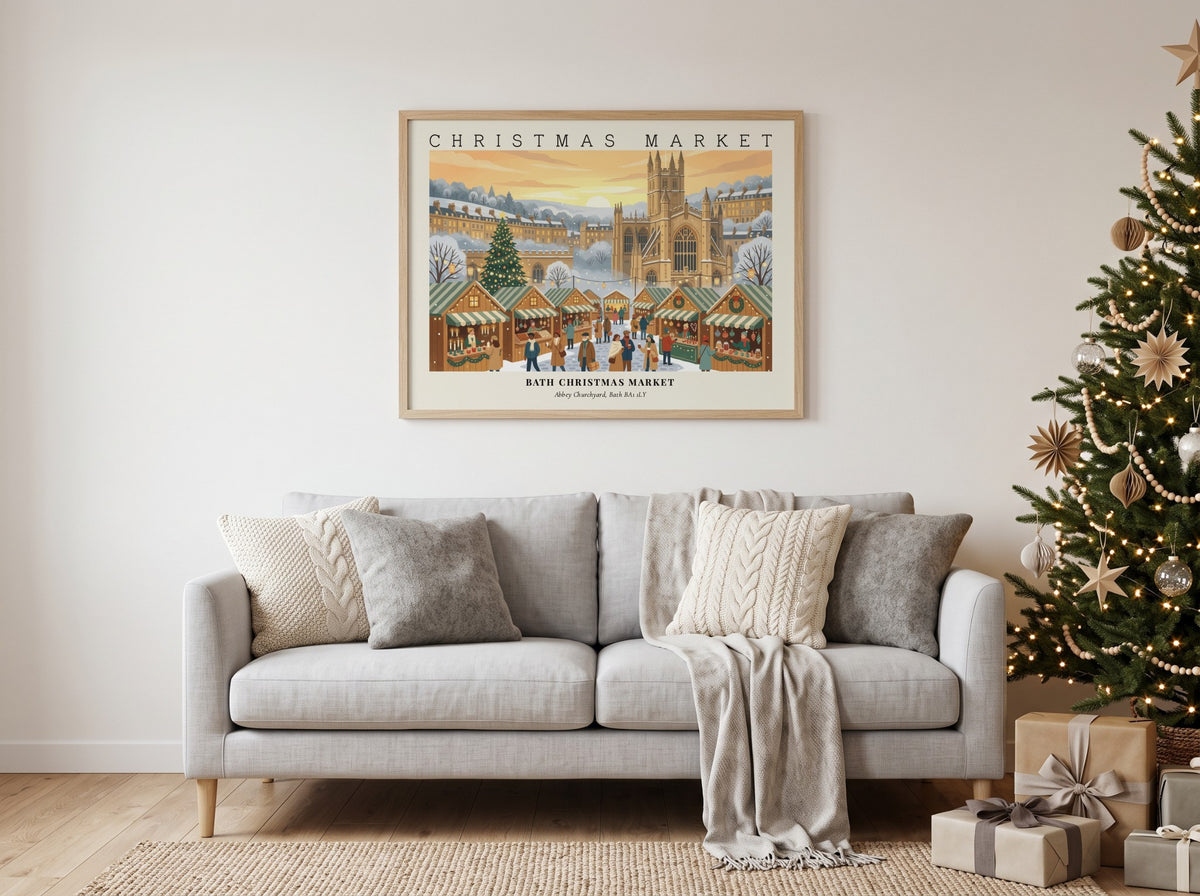 Poster featuring a festive Bath Christmas Market scene with historic architecture, glowing wooden stalls, and