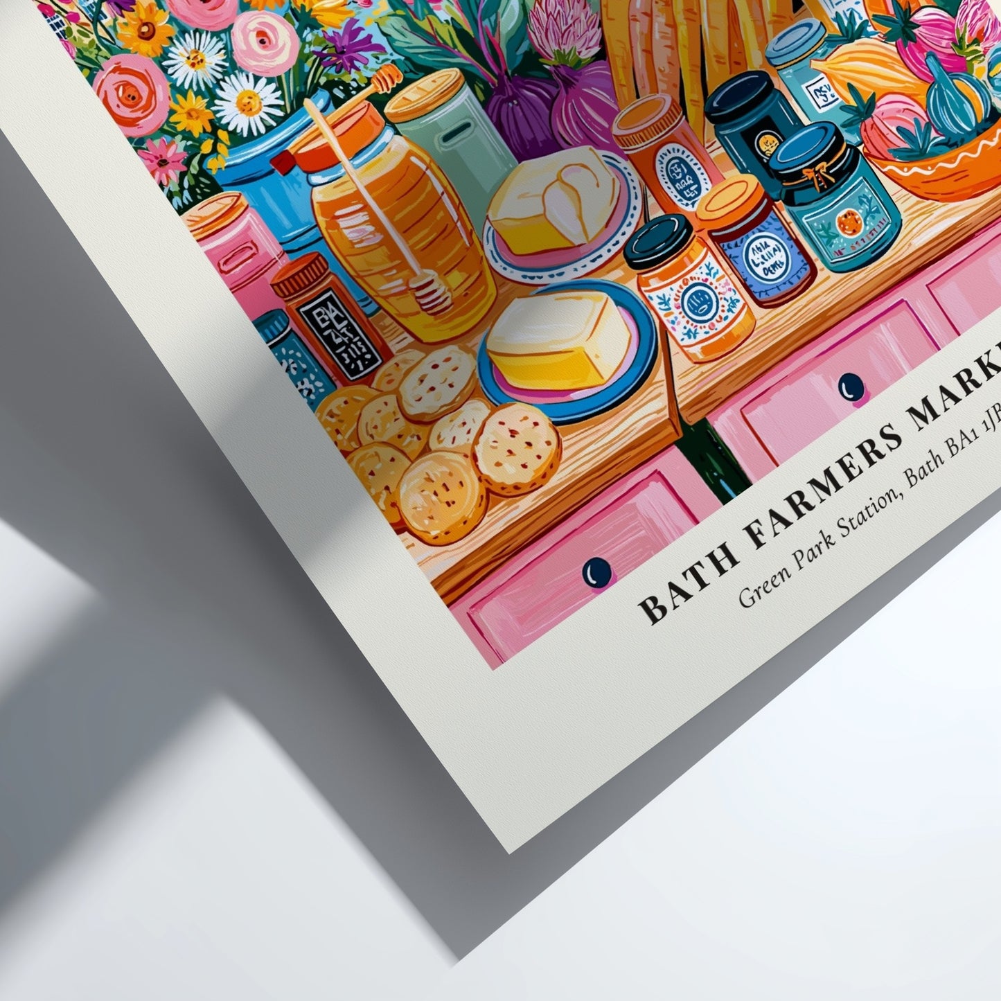 Bath Farmers Market poster featuring colorful produce and flowers in a vibrant market scene