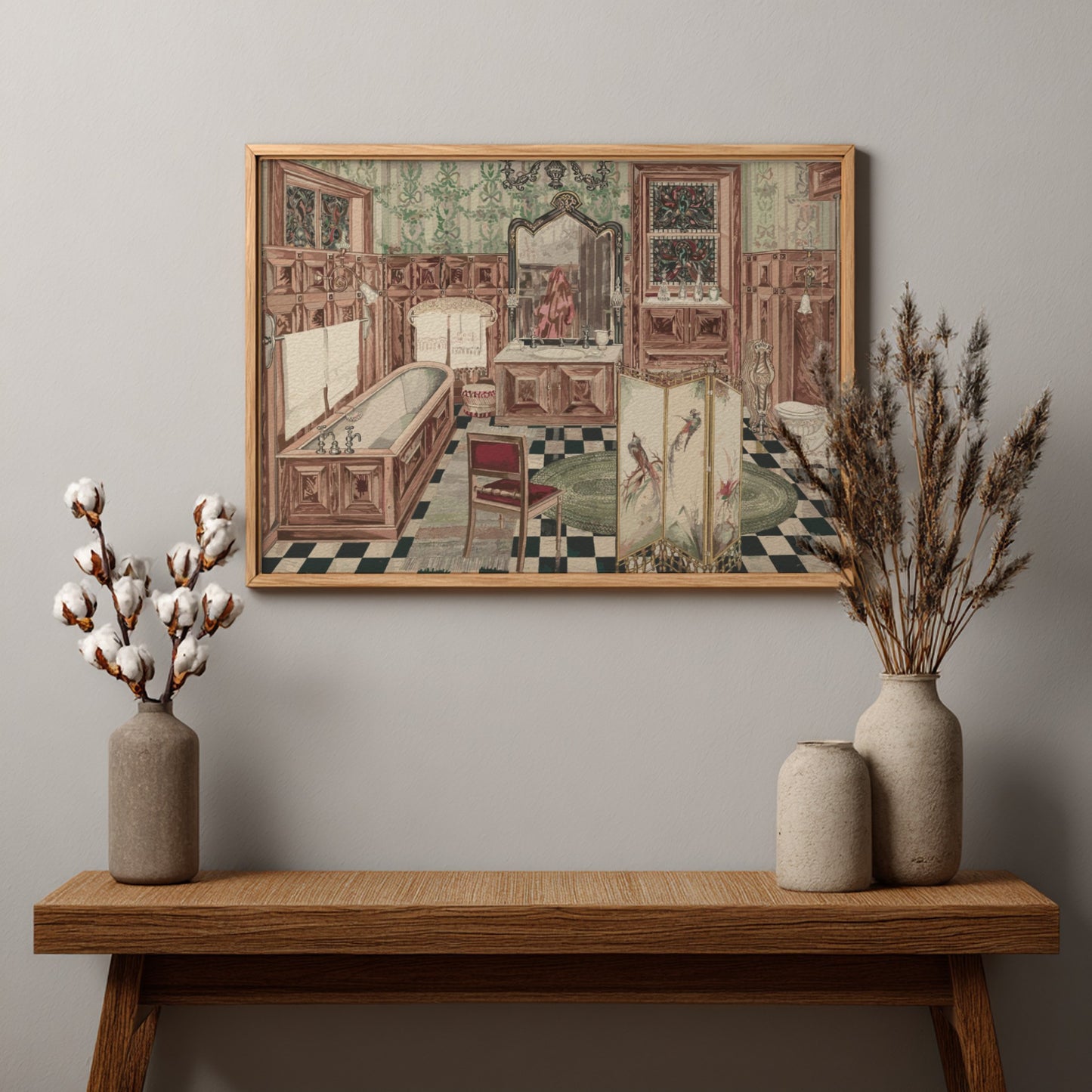Vintage "Bathroom" watercolor and graphite drawing by Perkins Harnly, showcasing ornate fixtures and decor.