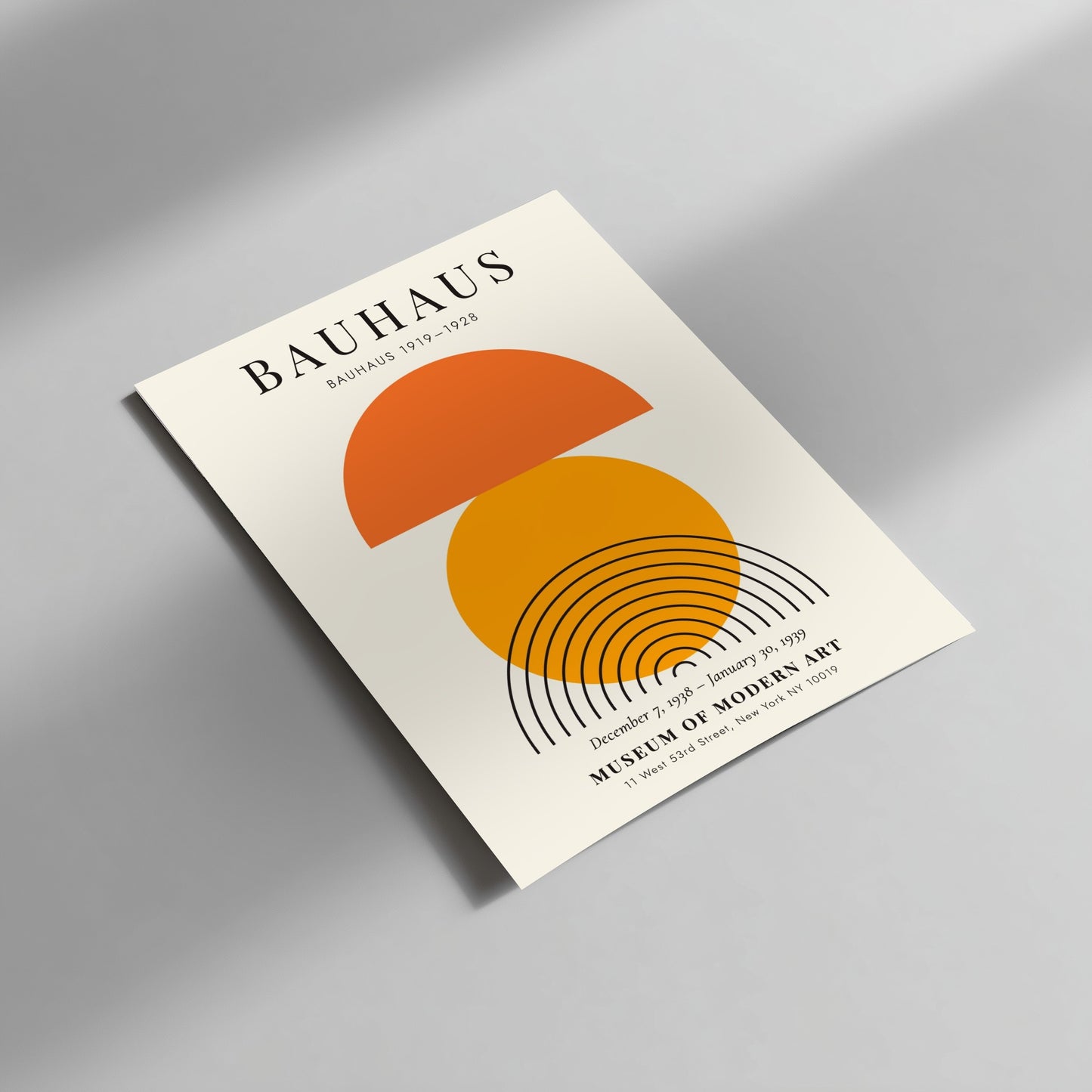 Bauhaus poster featuring geometric shapes in orange and black, modern design art for wall decor