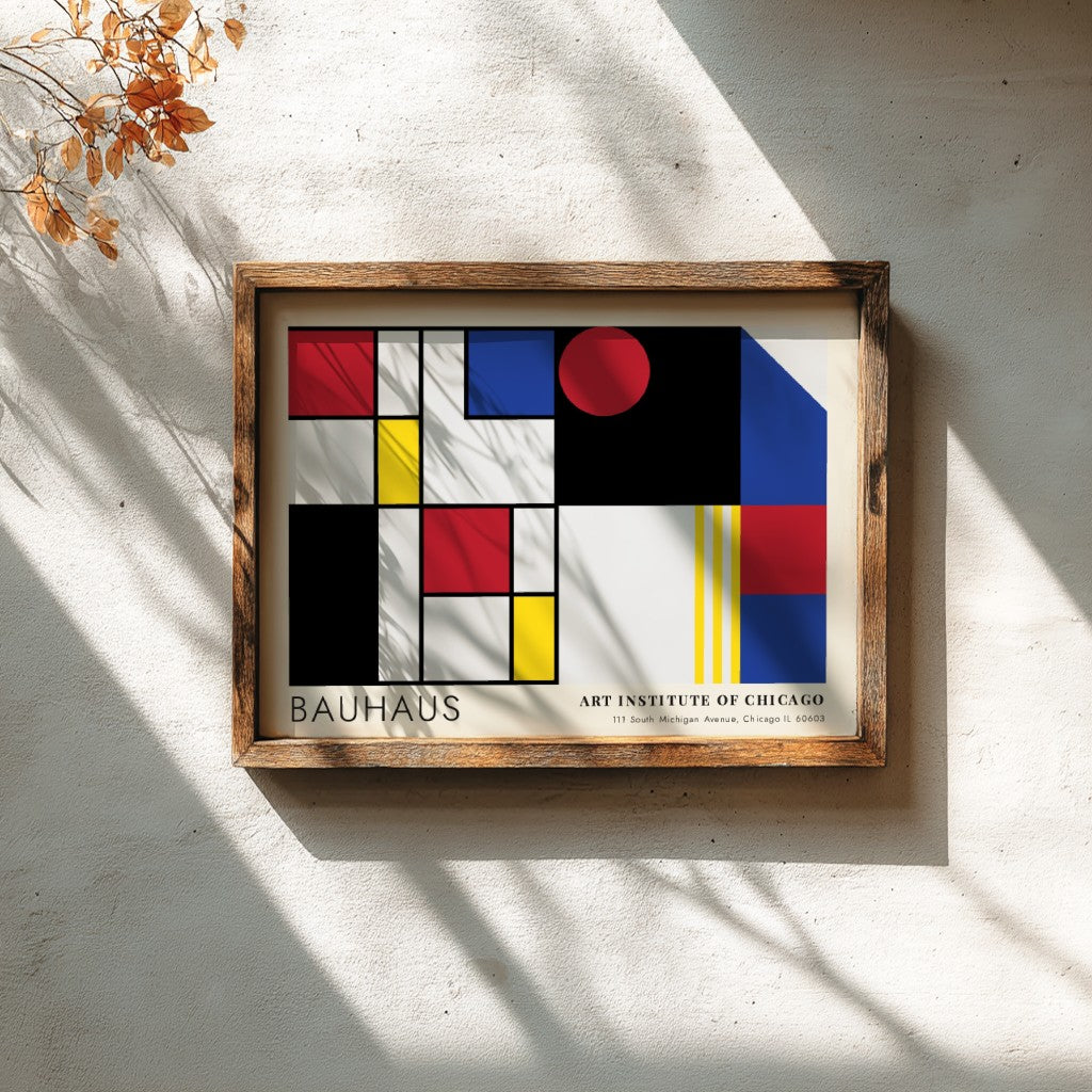 Wall art poster featuring Bauhaus geometric shapes and Art Institute of Chicago text branding.