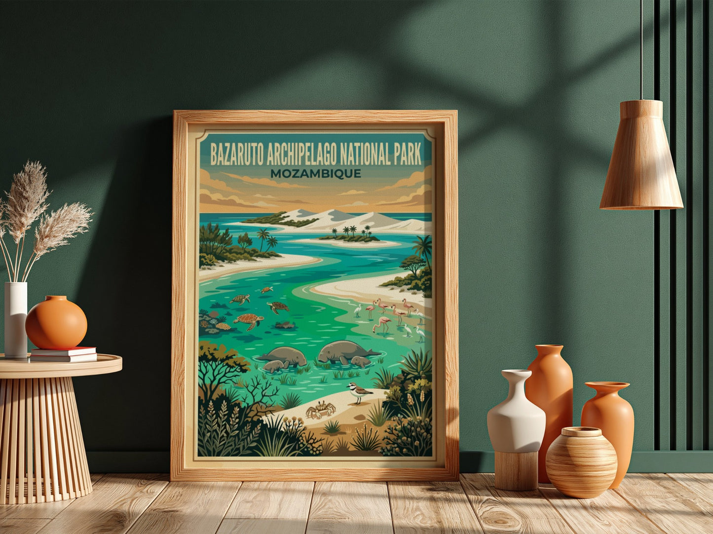 Bazaruto Archipelago poster featuring tropical colors and wildlife elements in a nature-inspired design.
