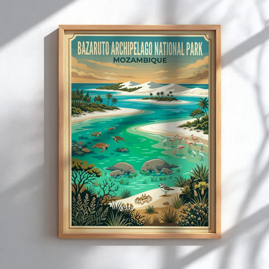 Bazaruto Archipelago poster featuring tropical colors and wildlife elements in a nature-inspired design.