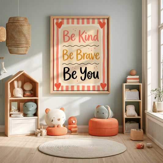 Kids room poster featuring 'Be Kind Be Brave' in soft pastel colors, ideal for nursery decor and motivational
