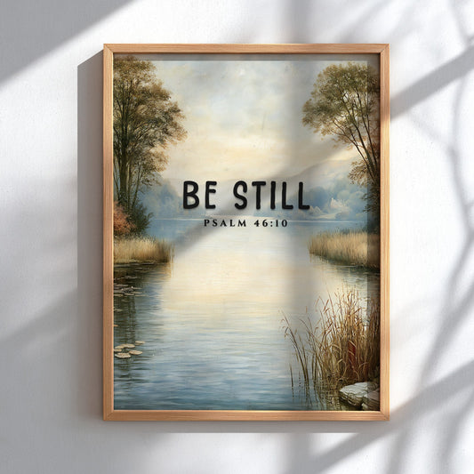 Be Still poster featuring serene landscape and Psalm 46:10, inspirational wall art in soft blue and earthy