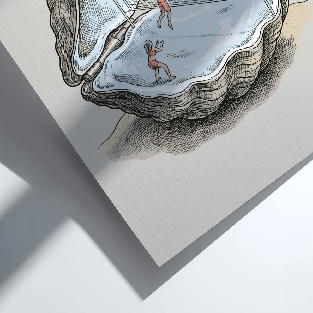 Poster featuring a beach volleyball match happening inside a large open oyster shell