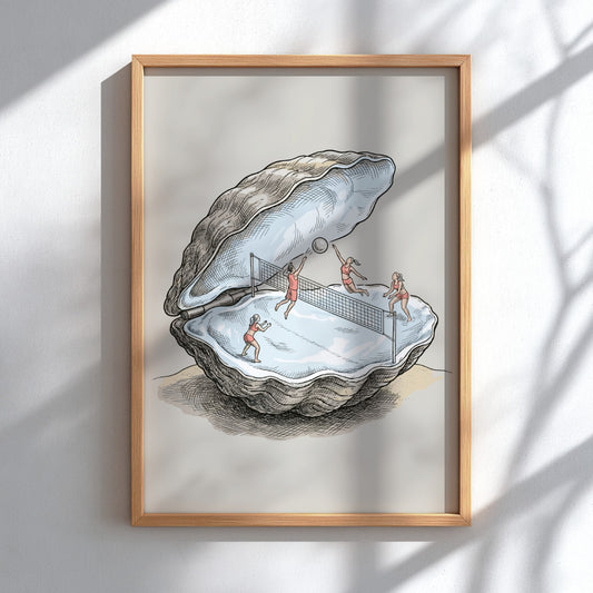 Poster featuring a beach volleyball match happening inside a large open oyster shell